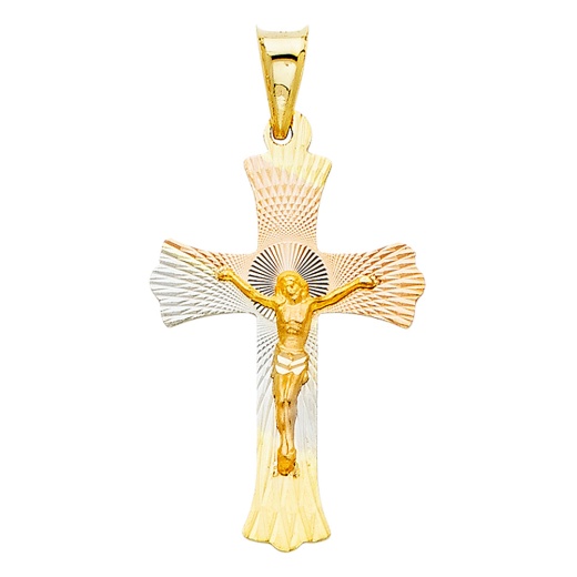 14K Gold Diamond Cut Crucifix Jesus Cross Stamp Religious Pendant