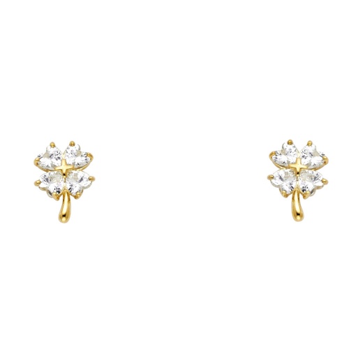 14K Gold Heart Cut Cz 4 Leaf Flower Stud Earrings - Ioka