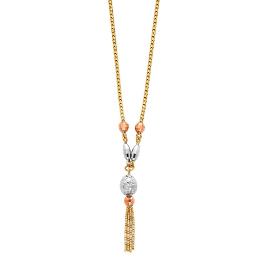 14K Gold Fancy Balls & Beads Tassel Drop Chain Necklace - 17"