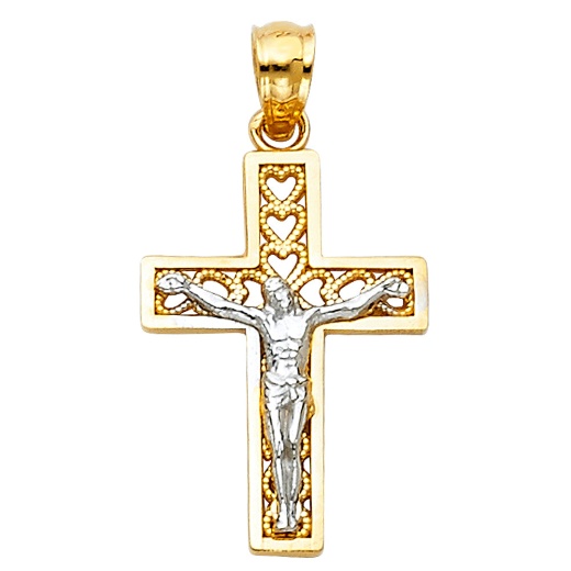 14K Gold Ioka Jesus Crucifix Cross Religious Pendant With Hearts