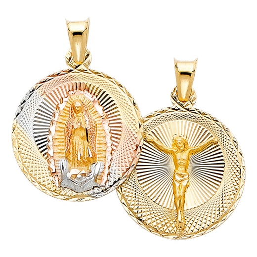 14K Gold Diamond Cut Double Side Stamp Virgin Mary & Jesus Religious Pendant