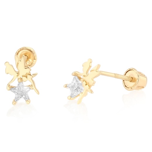 Ioka 14K Gold Star Cut Cz Cute Tiny Tinker Bell Stud Earrings