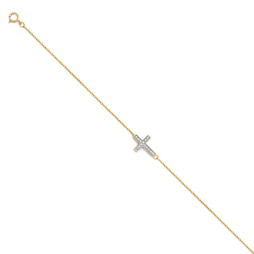 14K Solid Gold Light Cz Cross Chain Bracelet - 7+1 inches by Ioka