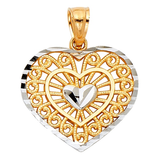 14K Gold Fancy Inside Heart Charm Pendant - Ioka