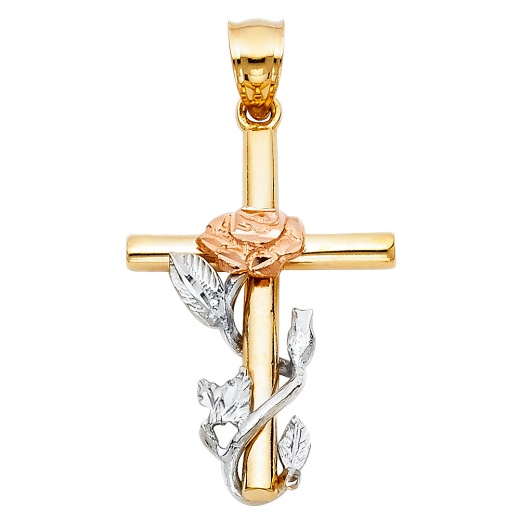 14K Gold Religious Cross with Rose Charm Pendant - Ioka