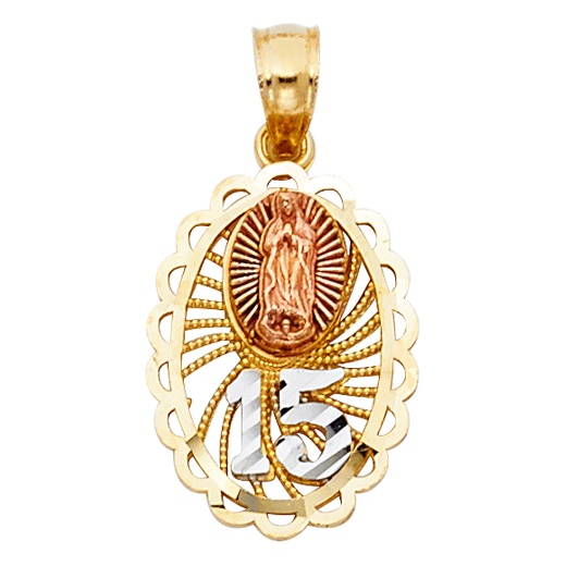 14K Gold 15 Years Birthday Quinceanera Virgin Mary Round Charm Pendant