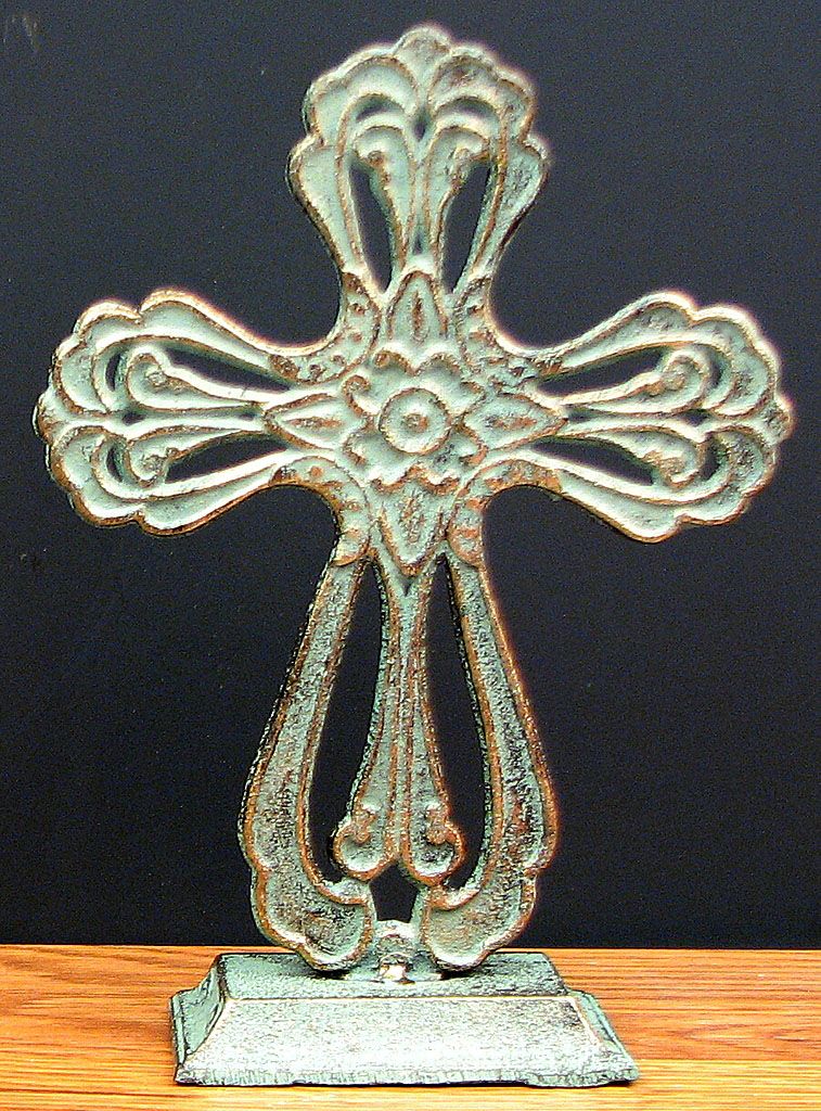 Cast Iron Tabletop Cross W/ Green/Gold Patina
