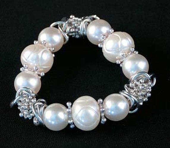 Silver Tone & White Beads Stretch Bracelet