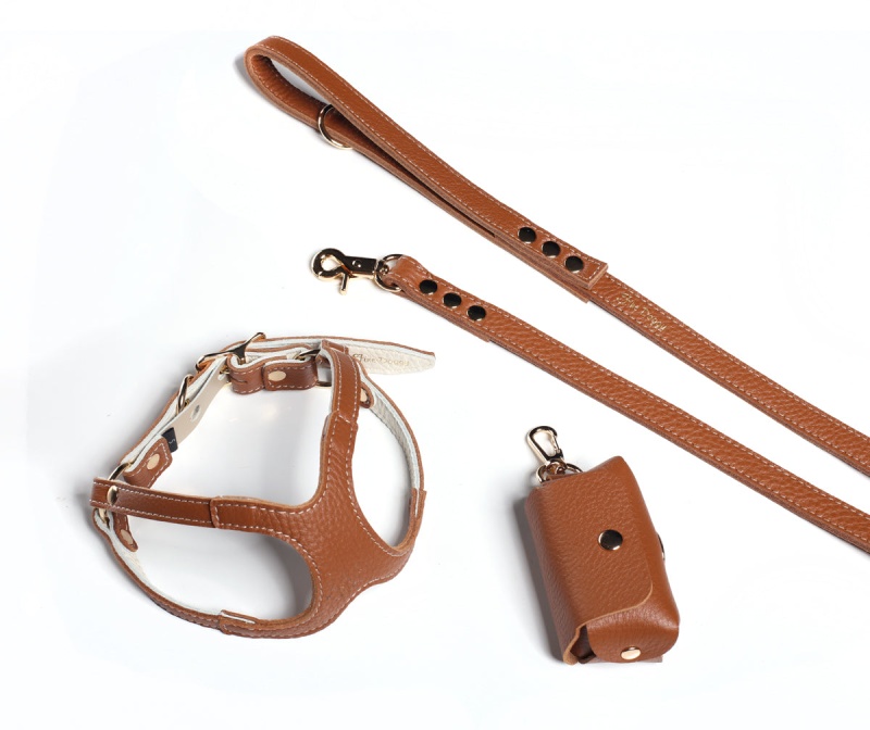 Leather Dog Harness & Leash & Poop Bag Set By Fine Doggy - Brown
