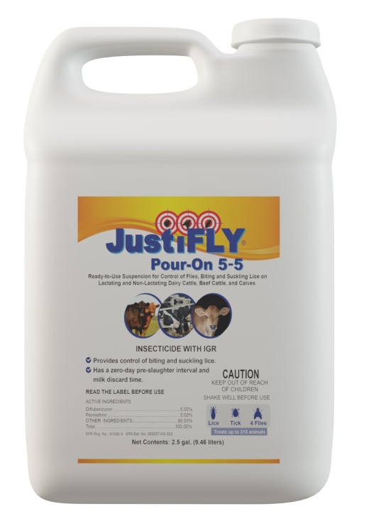 Justifly Pour-On 5/5, 2.5 Gallon: Effective Fly and Lice Control for Cattle