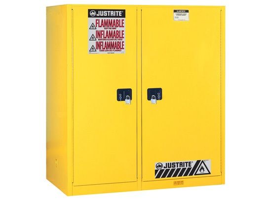 115 Gallon, 1 Drum, 3 Shelves, 2 Doors, Self Close, Double Duty Flammable Cabinet With Drum Rollers, Sure-Grip® Ex, Yellow