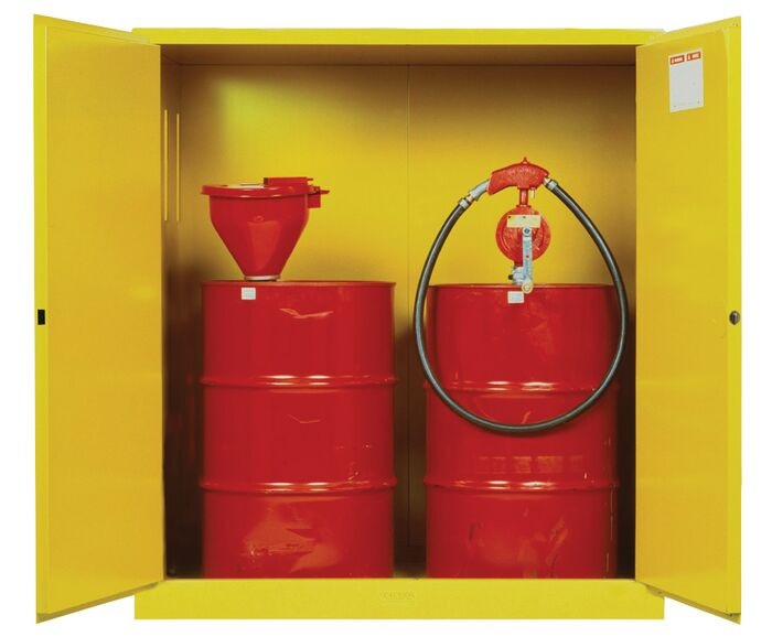 110 Gallon, 2 Drum Vertical, 1 Shelf, 2 Doors, Manual Close, Flammable Cabinet With Drum Support, Sure-Grip® Ex, Yellow