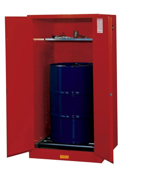 55 Gallon, 1 Drum Vertical, 1 Shelf, 2 Doors, Manual Close, Flammable Cabinet W/ Drum Rollers, Sure-Grip® Ex, Red