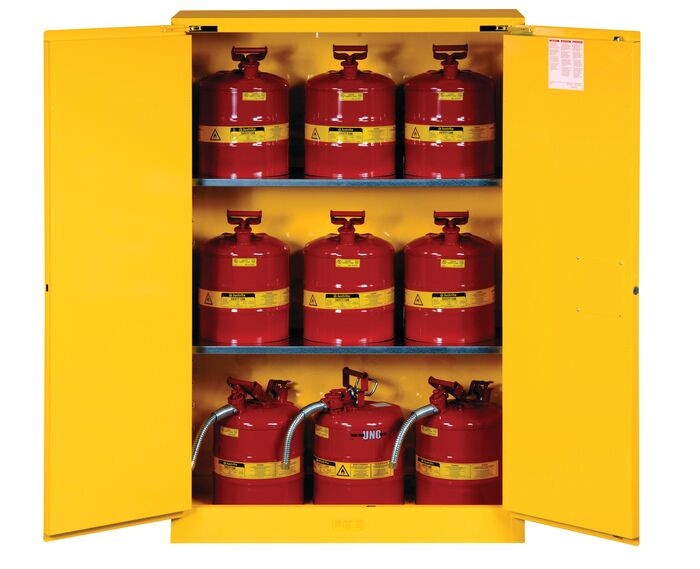 45 Gallon, 2 Shelves, 2 Doors, Self Close, Flammable Cabinet, Sure-Grip® Ex, Yellow
