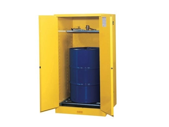 55 Gallon, 1 Drum Vertical, 1 Shelf, 2 Doors, Self-Close, Flammable Cabinet W/ Drum Rollers, Sure-Grip® Ex, Yellow