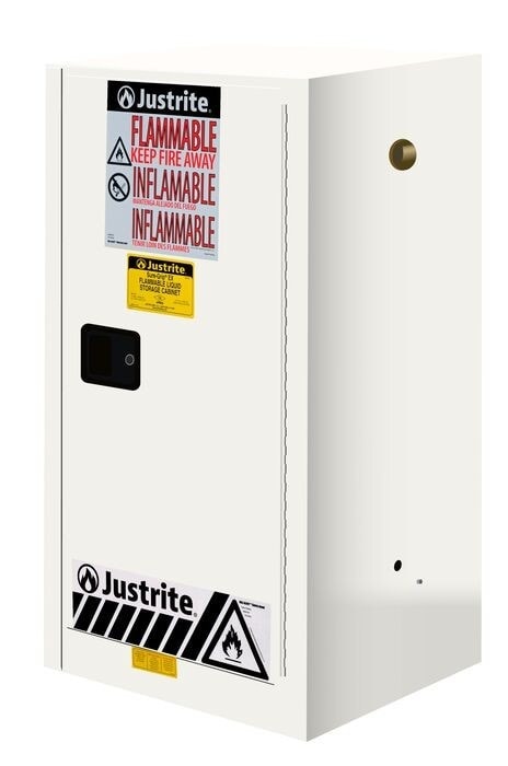 Justrite 15 Gallon Flammable Cabinet with 1 Shelf, 1 Door, Manual Close - Sure-Grip Ex Compac, White