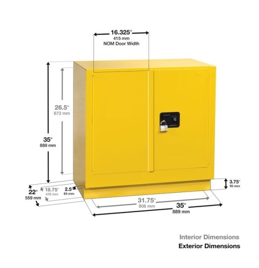 22 Gal Yellow Flammable Cabinet, Under Counter, 2 Self-Close Doors, 892320