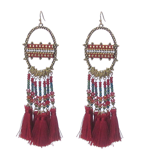 Boutique Style Multi Glass Seed Bead And Tassel Drop Earring