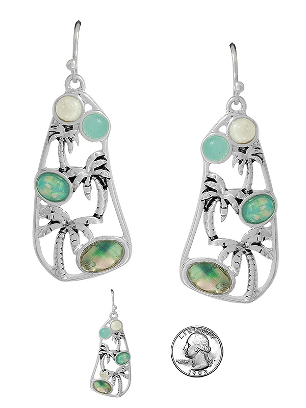 Tropical Theme Opal And Abalone Mix Earring - Palm Tree