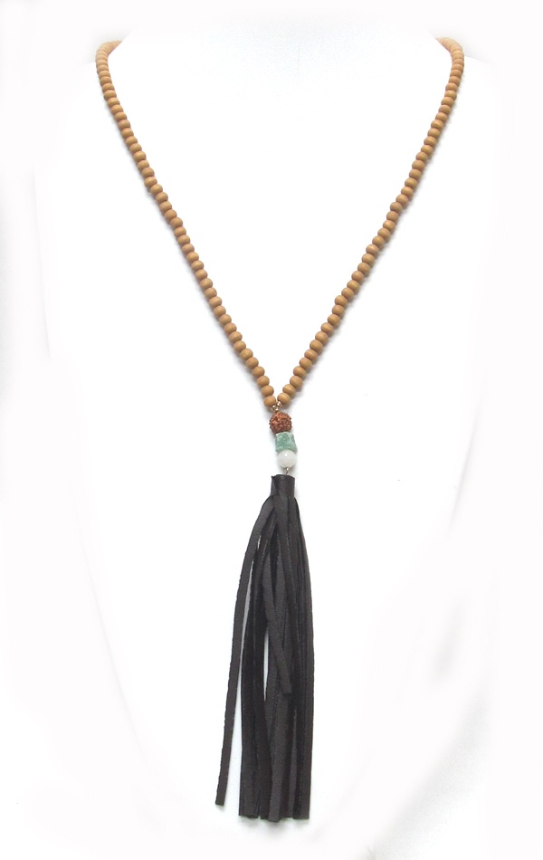 Wood Type Beads With Tassel Drop Necklace