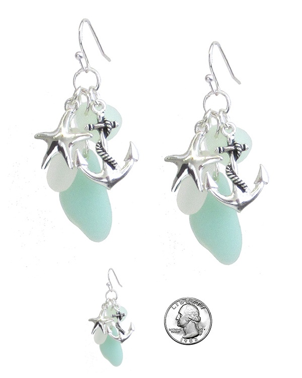 Sealife Theme Seaglass Multi Charm Earring - Anchor Starfish Sea Glass