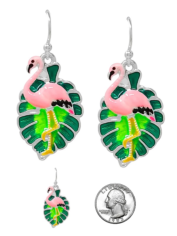 Tropical Theme Opal And Abalone Mix Earring - Flamingo Monstera