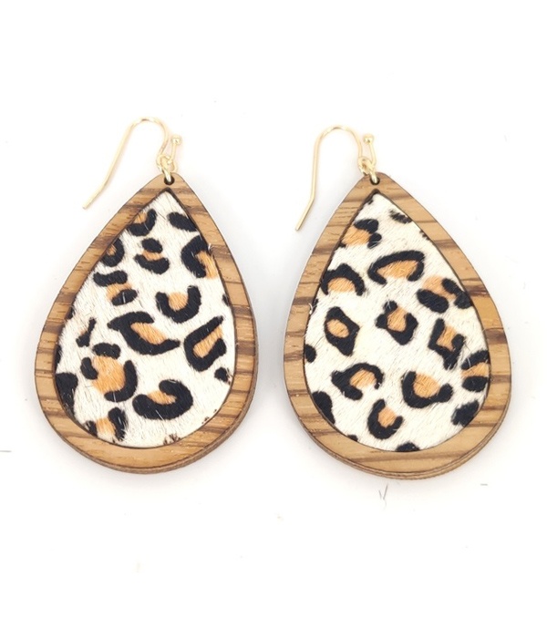 Animal Print Wood Teardrop Earring - Leopard