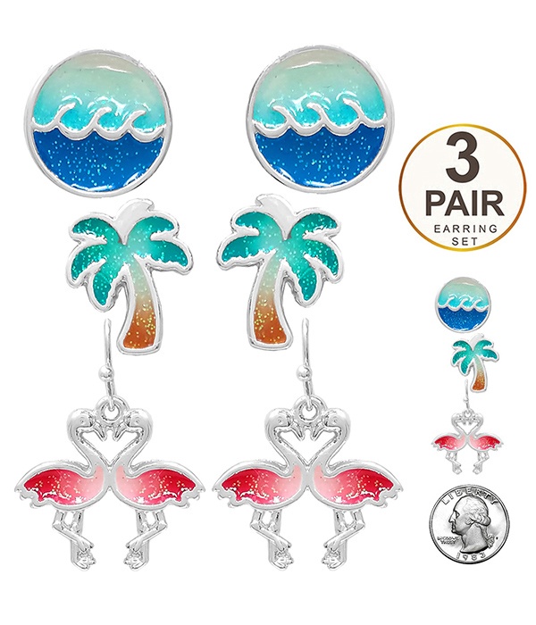 Tropicaltheme 3 Pair Earring Set - Palm Tree Flamingo
