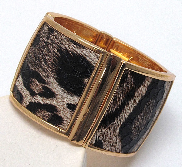 Scratch Metal And Leather Animal Print Square Pattern Stretch Bracelet