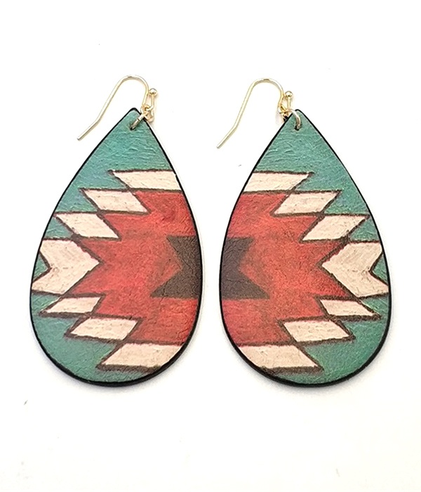 Aztec Pattern Teardrop Wood Earring -Western