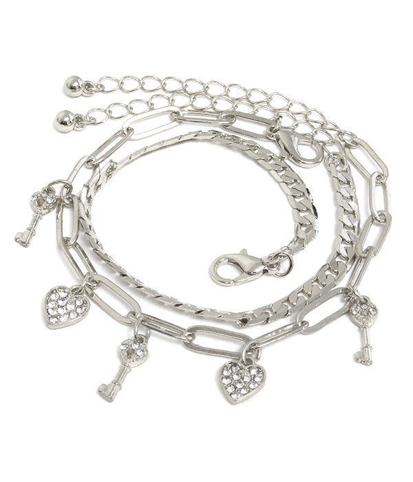 Multi Heart And Key Charm Double Bracelet Set -Valentine