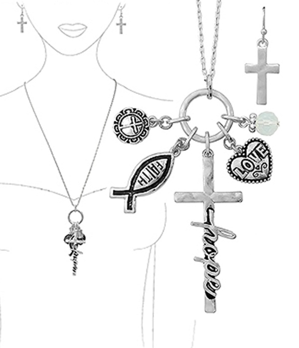 Religious Inspiration Multi Charm Pendant Necklace Set - Faith Hope Love