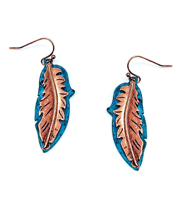Rustic Finish Double Metal Earring - Feather