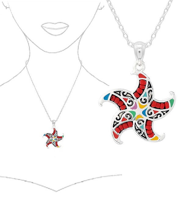 Sealife Theme Seedbead And Epoxy Pendant Necklace - Starfish