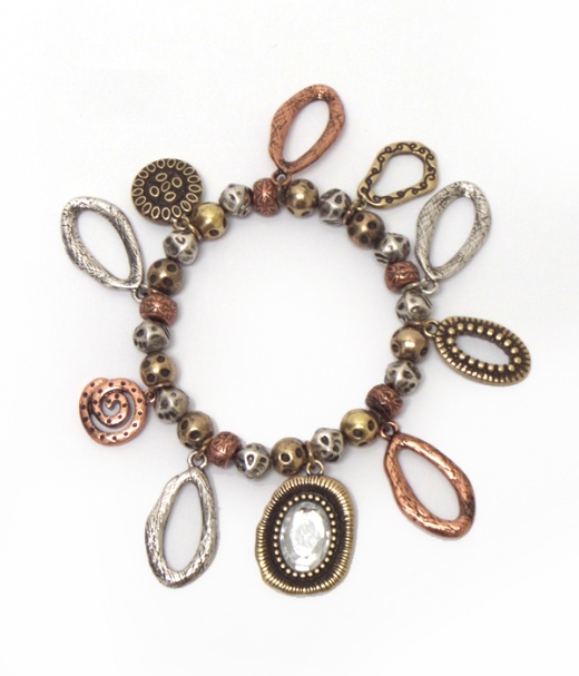 Multi Natural Oval Metal Charm Stretch Bracelet