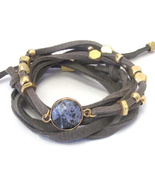 Facet Stone and Metal Bead Suede Pull Tie Wrap Bracelet
