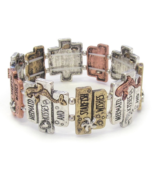 Vintage Metal Sealife Theme Stretch Bracelet - Mermaid Kisses And Starfish Wishes