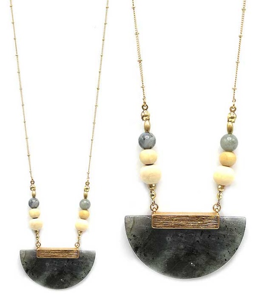 Semi Precious Stone Half Moon Pendant Long Necklace - Wholesale