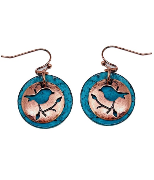 Rustic Finish Double Metal Earring - Bird And Tree