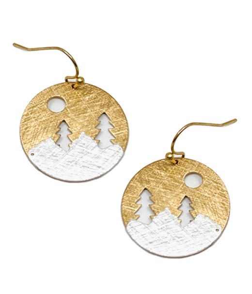 Scratch Metal Landscape Disc Earring - Brass Metal Jewelry