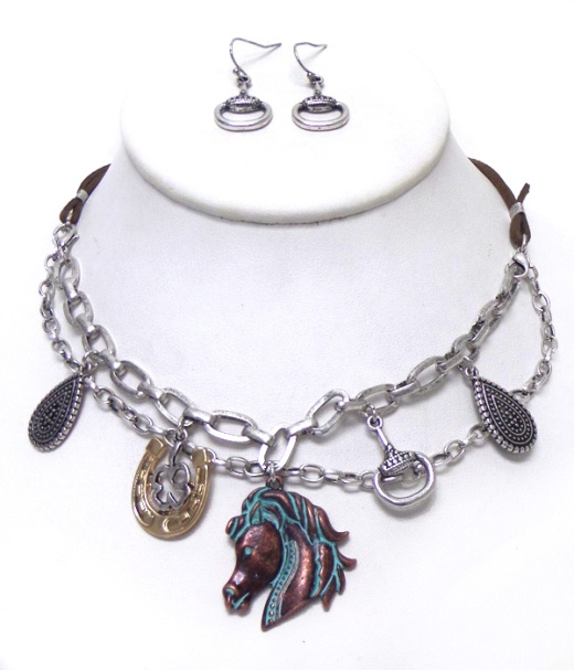 Two Layer Horse Theme Charm Necklace Set