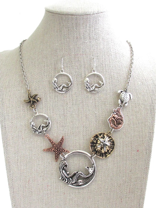 Sealife Theme Multi Disce Link Necklace Set - Mermaid Starfish