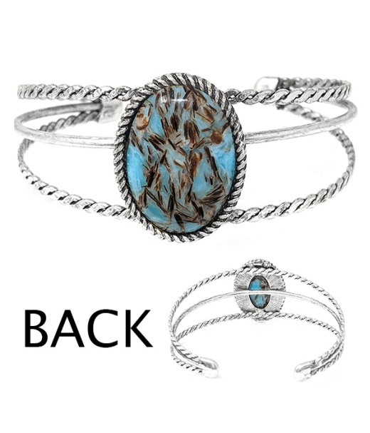 Semi Precious Stone Wire Bangle Bracelet - Oval