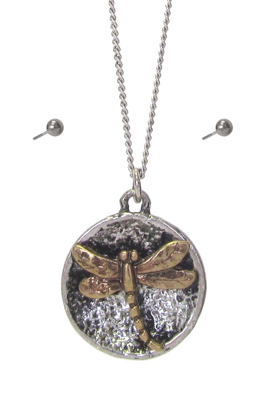 Vintage Metal Disc Pendant Necklace - Dragonfly