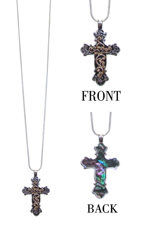 Designer Pattern Double Sided Pendant Long Necklace - Cross