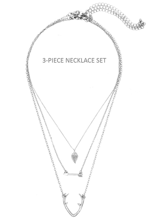 Arrow Antler And Leaf Pendant 3 Piece Necklace Set