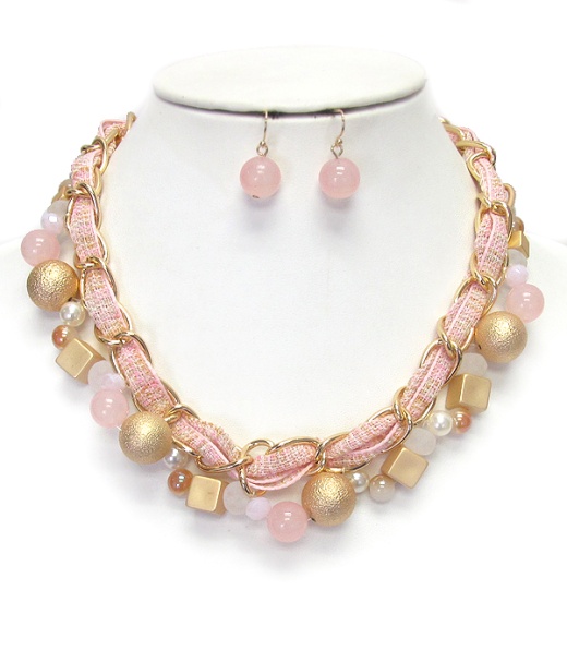 Multi Bead and Fabric Chain Necklace Set