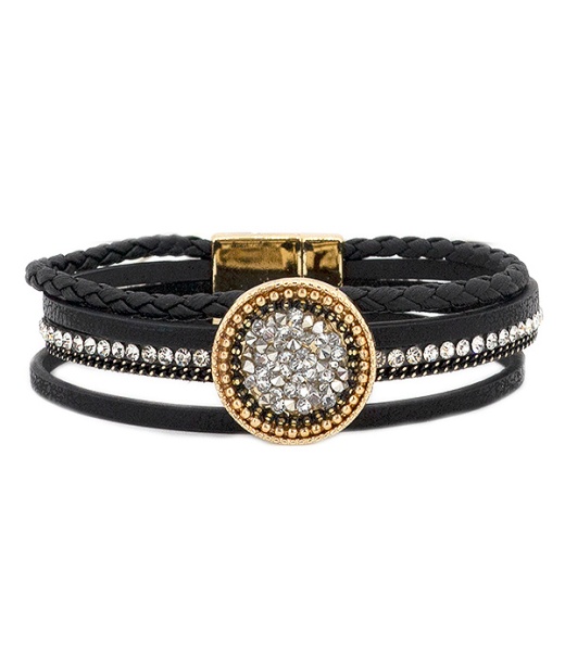 Crystal Mix Disc and Multi Leatherette Magnetic Bracelet