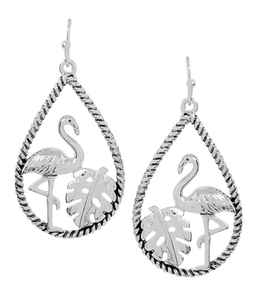 Tropical Theme Rope Textured Teardrop Hoop Earring - Flamingo