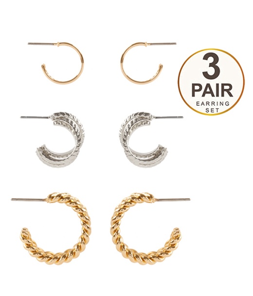Multi Metal 3 Pair Hoop Earring Set